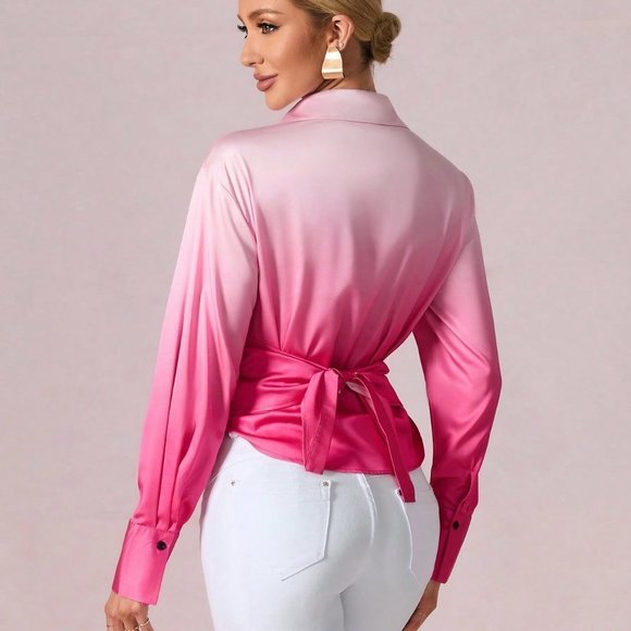 Pink Preppy Womens Solid Wrap Detail Button Front Shirt - Picture 2 of 5